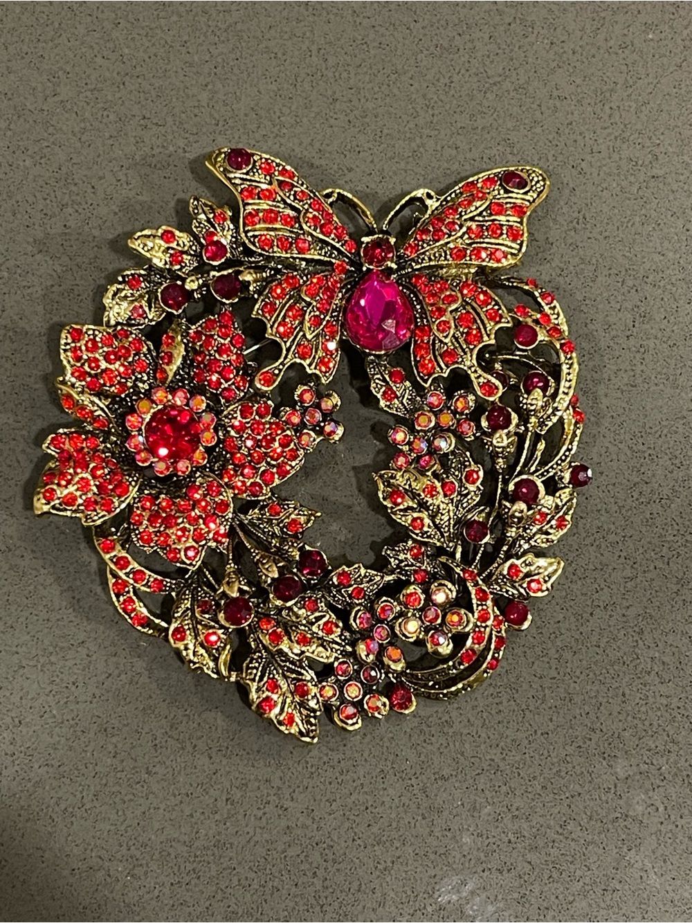 Vintage-Inspired Red Crystal Butterfly Wreath Brooch